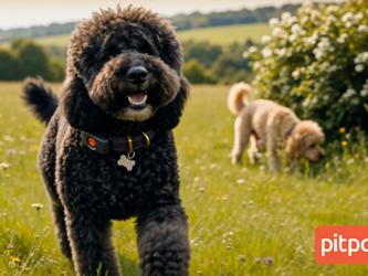 Still from PitPat advert featuring 2 AI-generated poodles in a field